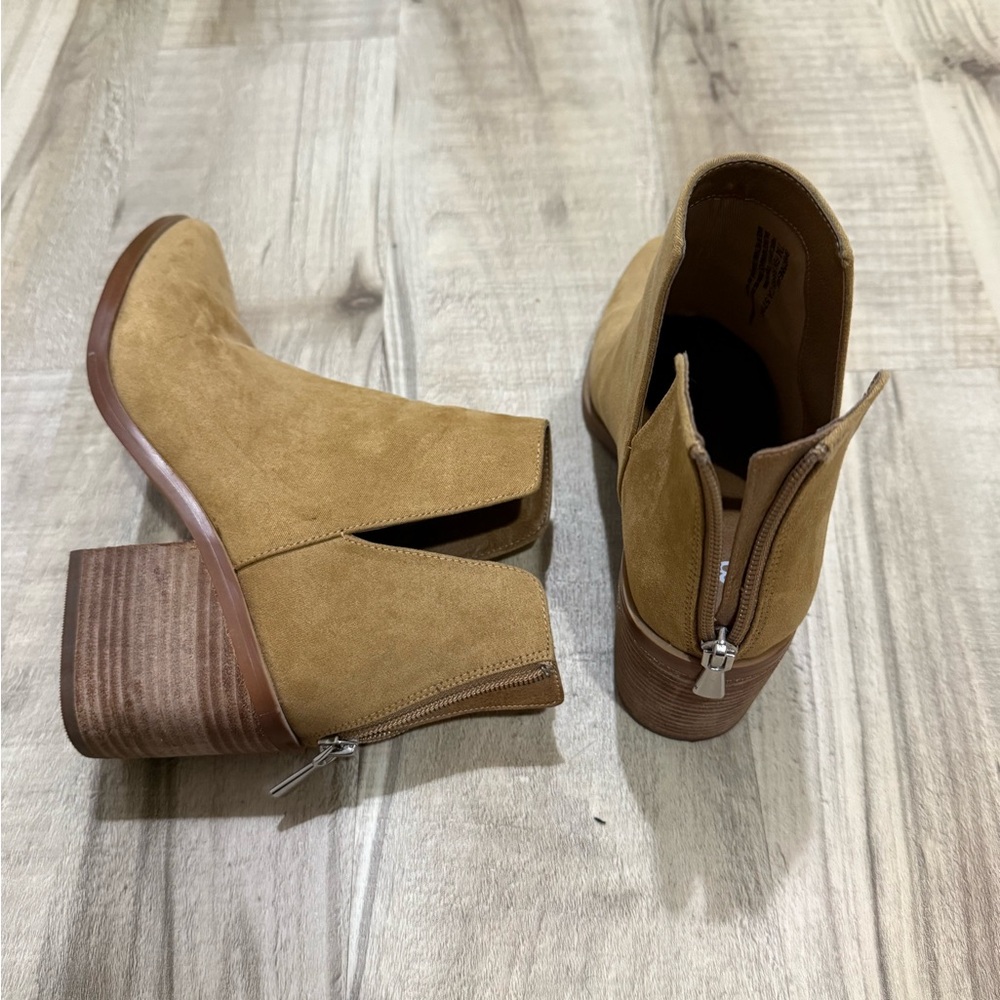 bp Tan Suede Ankle Booties with Stacked Heel